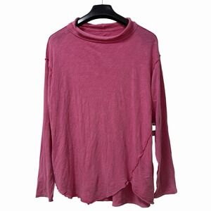 Free People Mock Neck Oversized Lightweight Top Size M Fuchsia Pink Raw Hem